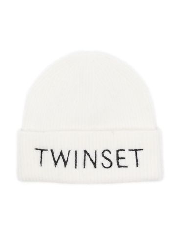 TWINSET - Berretto bianco a coste con logo nero