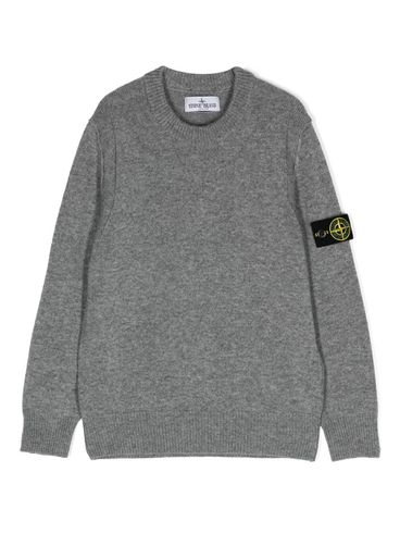 STONE ISLAND - Maglione in lana grigia girocollo con patch logo