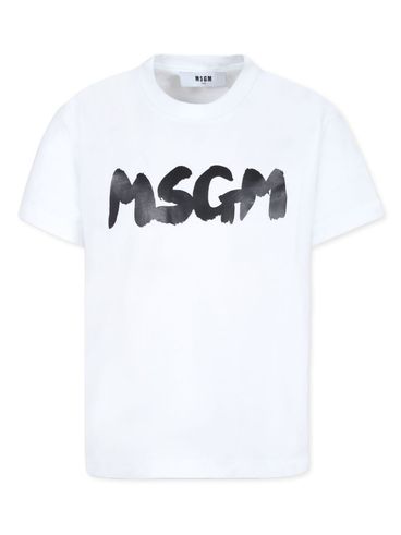 MSGM - T-shirt in cotone bianco con stampa logo frontale nero