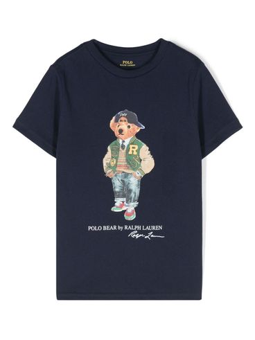 POLO RALPH LAUREN - T-shirt in cotone blu con stampa orso