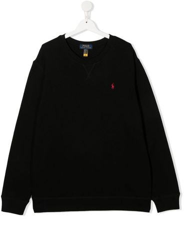 POLO RALPH LAUREN - Felpa in cotone nero girocollo con ricamo logo rosso