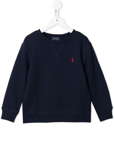 POLO RALPH LAUREN - Felpa in cotone blu girocollo con ricamo logo rosso