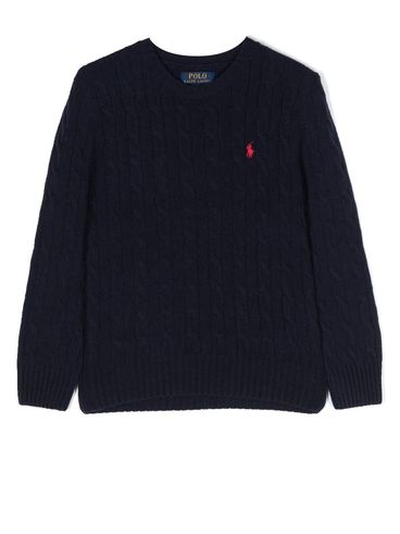 POLO RALPH LAUREN - Maglione in cotone blu intrecciato con logo rosso