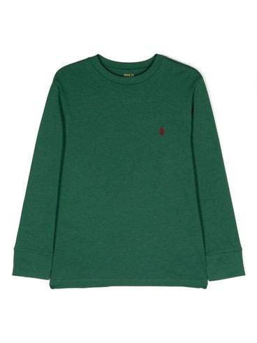 POLO RALPH LAUREN - T-shirt in cotone verde a maniche lunghe con logo