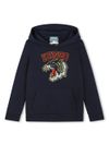 kenzo - Felpa in cotone blu con ricamo tigre e cappuccio