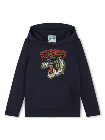 KENZO - Felpa in cotone blu con ricamo tigre e cappuccio