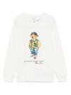 polo ralph lauren - T-shirt in cotone bianco con stampa orso a maniche lunghe