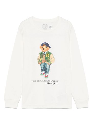 POLO RALPH LAUREN - T-shirt in cotone bianco con stampa orso a maniche lunghe