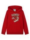 kenzo - Felpa in cotone rosso con ricamo tigre e cappuccio