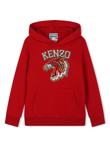 KENZO - Felpa in cotone rosso con ricamo tigre e cappuccio