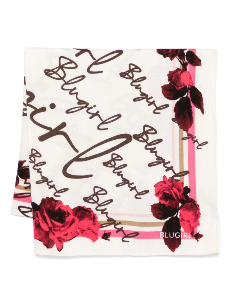 Blugirl Kids' White Scarf With Logo And Rose Prints