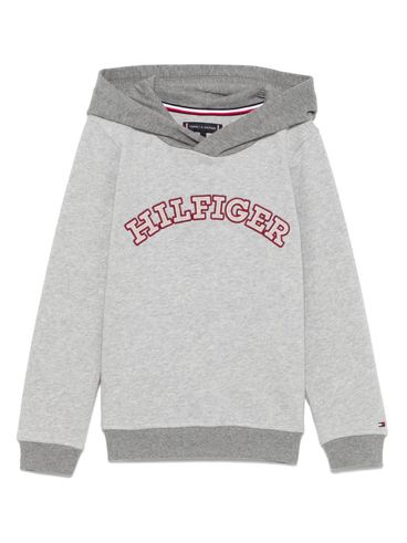 TOMMY HILFIGER - Felpa in cotone grigio con cappuccio e scritta logo