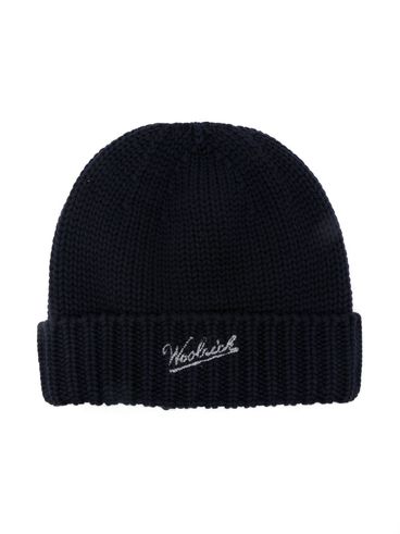 WOOLRICH - Blue ribbed wool beanie with logo embroidery