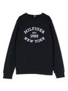 tommy hilfiger - Felpa in cotone blu girocollo con stampa logo bianco