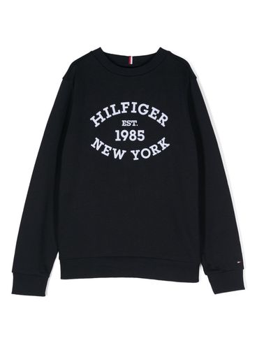 TOMMY HILFIGER - Felpa in cotone blu girocollo con stampa logo bianco