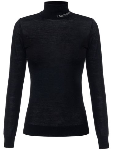 ELISABETTA FRANCHI - Maglia in lana nera a collo alto con ricamo logo