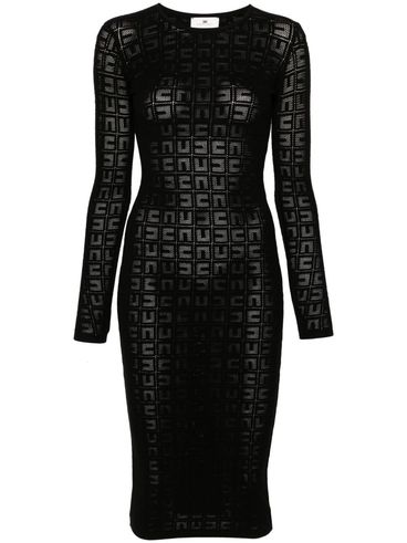 ELISABETTA FRANCHI - Black midi dress with logo, fitted and semi-transparent