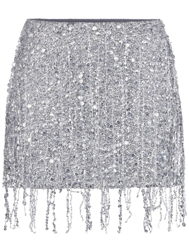 Shop Elisabetta Franchi Silver Mini Skirt With Fringes And Rhinestones