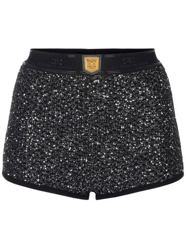 ELISABETTA FRANCHI - Shorts in misto lana nera e argento con strass