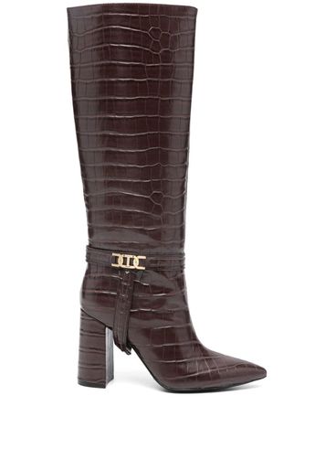 TWINSET - Brown crocodile-embossed synthetic leather knee-high boots