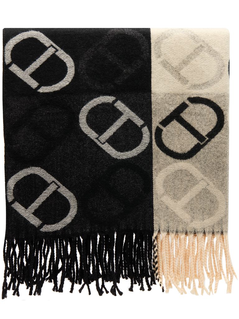 Black and beige scarf with logo and fringes