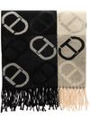 twinset - Black and beige scarf with logo and fringes - 1