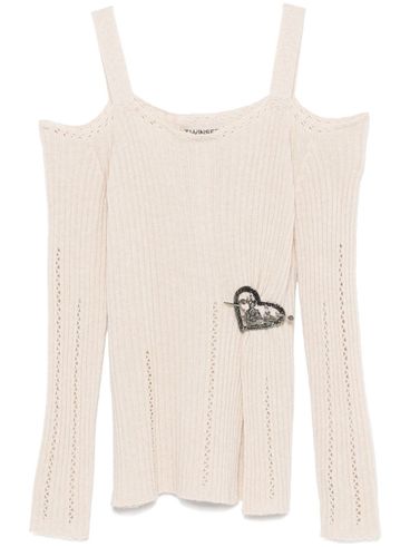 TWINSET - Beige ribbed sweater with a heart-shaped brooch