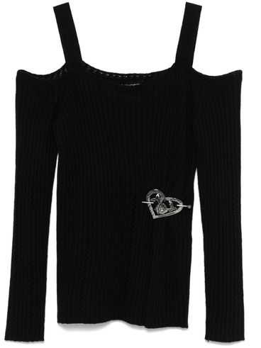 TWINSET - Black ribbed top with a heart-shaped brooch