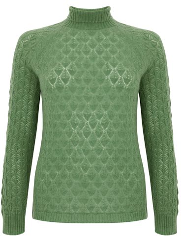 TABARONI - Maglione in cashmere verde traforato a collo alto