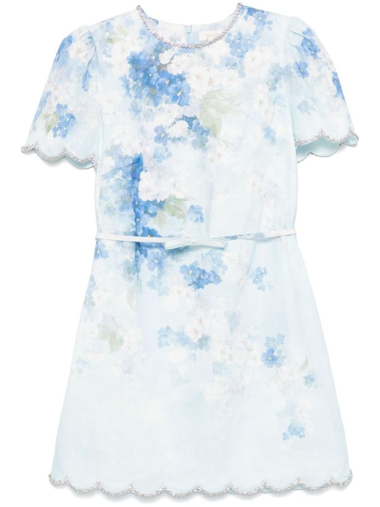 Shop Zimmermann Short Dress With Floral Print And Waist Belt. In Blue
