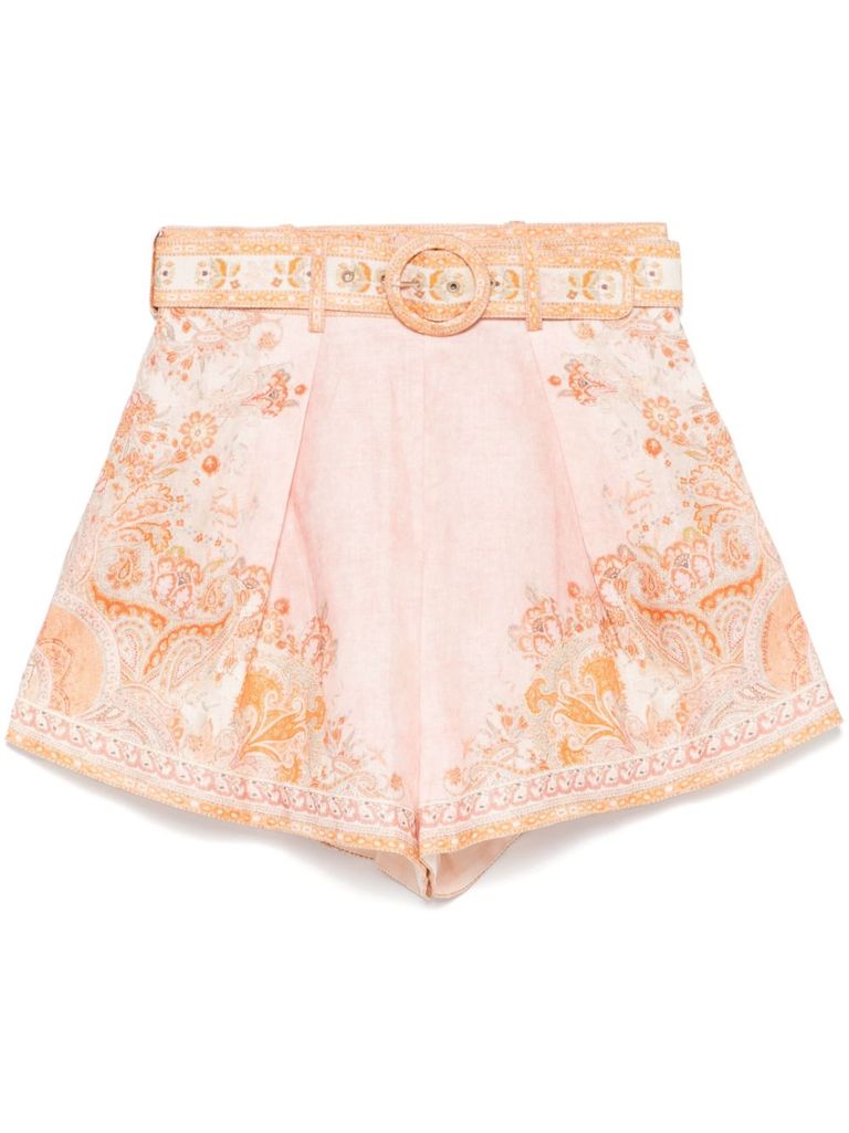 Shop Zimmermann 'acacia' Shorts With Floral Print And Waist Belt In White