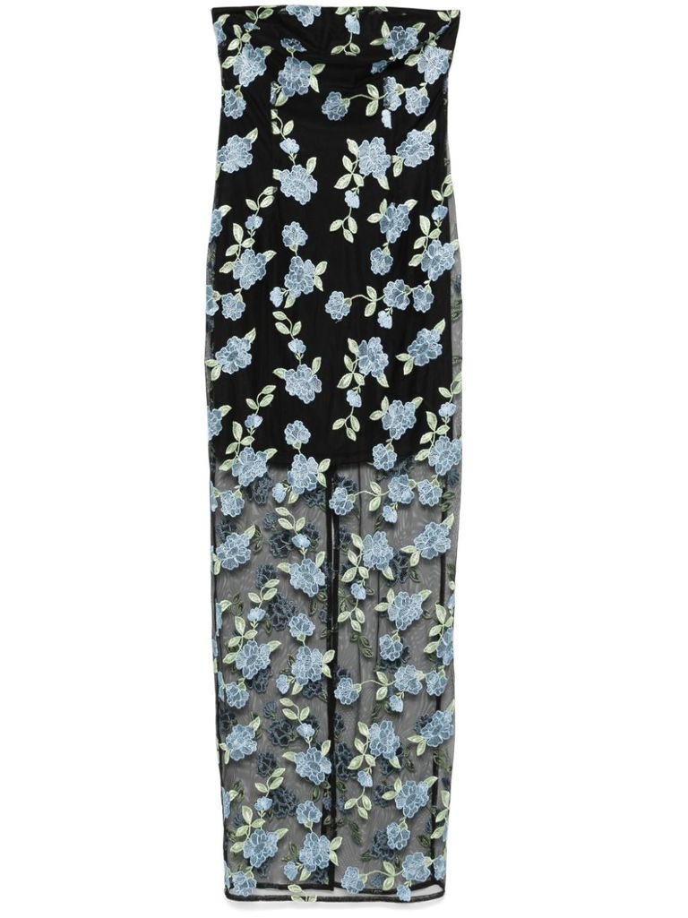 Rotate Birger Christensen Long Dress With All-over Floral Motif And Semi Sheer Lower Part In Tech Fabric In Black