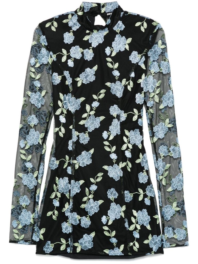 Rotate Birger Christensen Black High Neck Mini Dress With Semi Sheer Sleeves And All-over Floral Motif In Tech Fabric Woman In Black