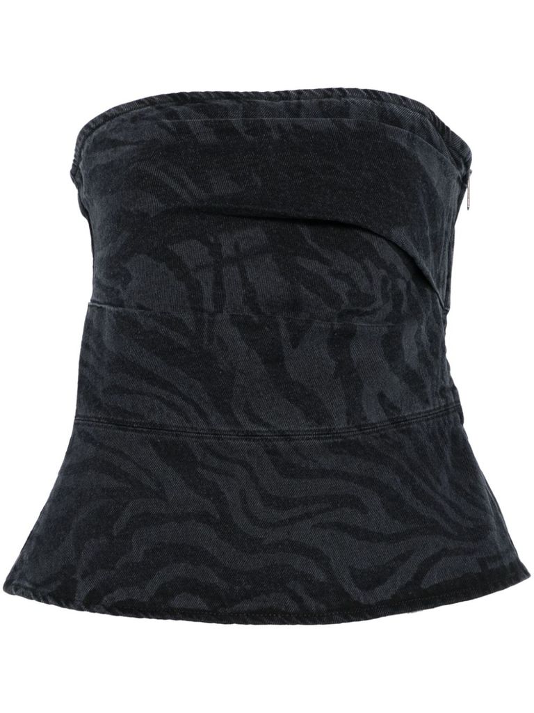 Rotate Birger Christensen Zebra Print Cotton Denim Top In Black