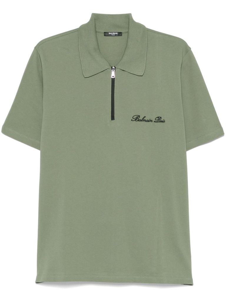 Shop Balmain Polo With Zip Collar And Logo On The Chest In Green