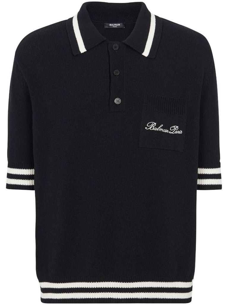 Shop Balmain Cotton Polo With Logo On The Chest In Black