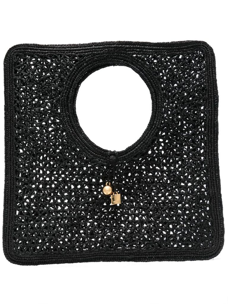 Jacquemus Carre Spiaggia Embellished Braided Raffia Tote In Black