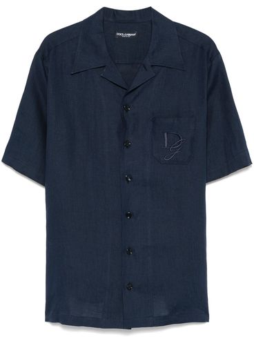 DOLCE & GABBANA - Camicia in lino blu a maniche corte con tasca