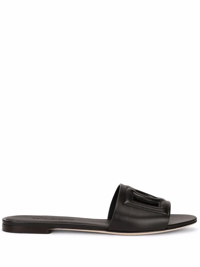 Shop Dolce & Gabbana Dg Millenials Calf Leather Slippers With Cut-out Logo In Black