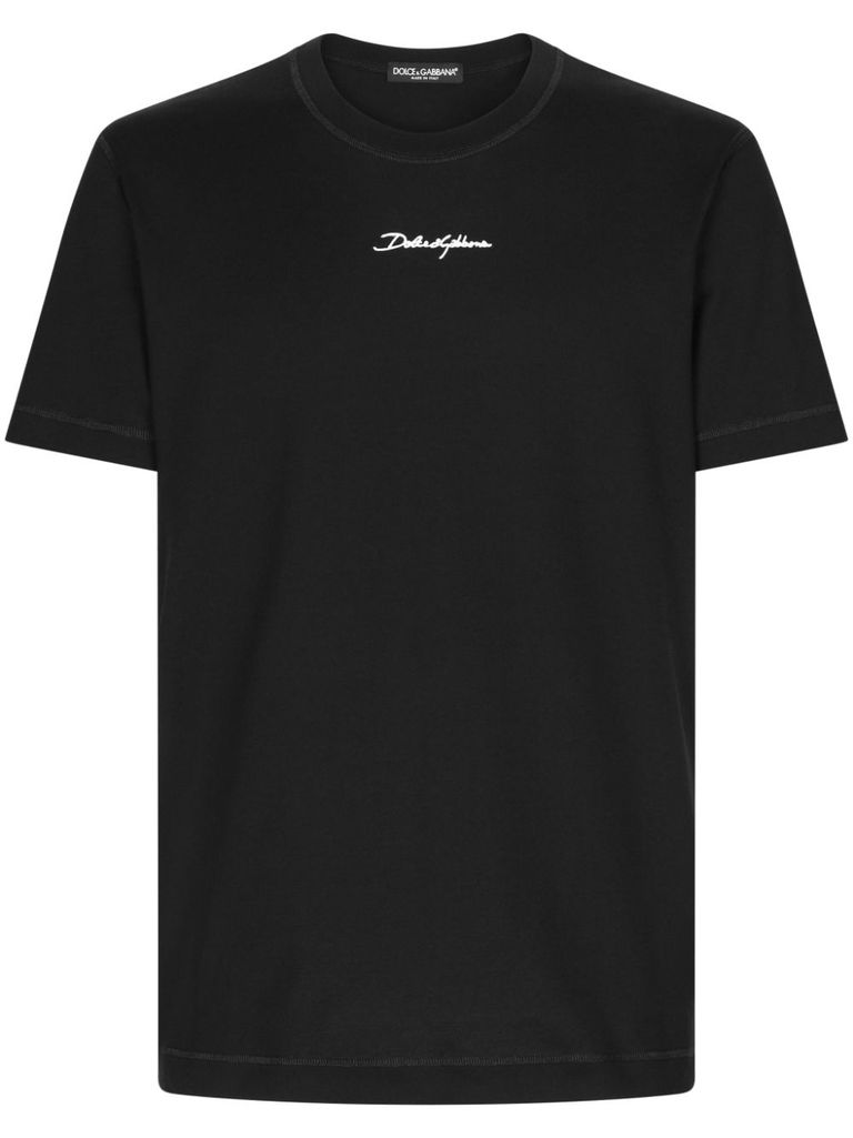 Tシャツ・カットソー Dolce & Gabbana Black Cotton T-Shirt With Contrast Details Black cotton T-shirt with cursive logo