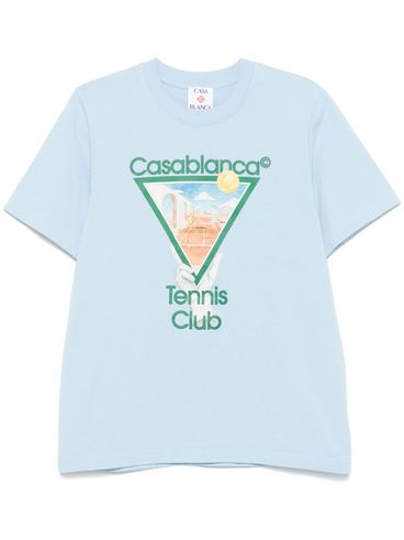 CASABLANCA - T-shirt in cotone celeste con stampa tennis