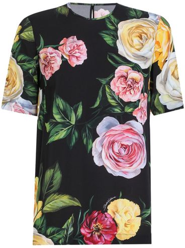 DOLCE & GABBANA - T-shirt nera a fiori con maniche corte