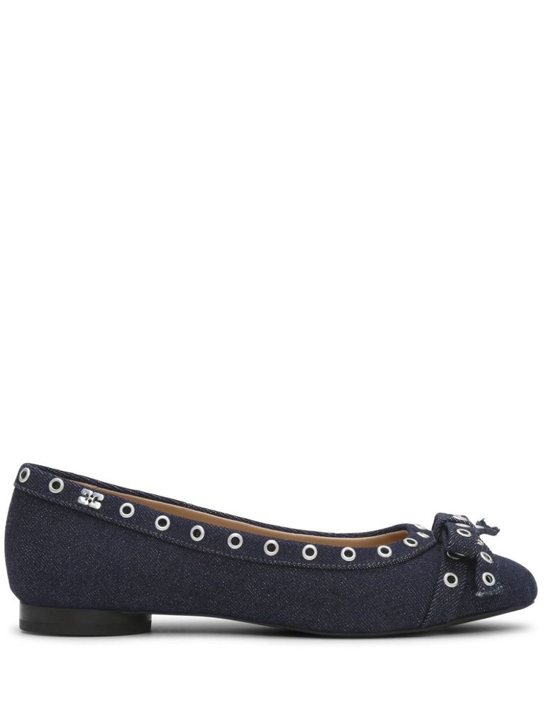Shop Ganni Blu Navy Ballerina Flats Embellished With Silver Studs In Blue