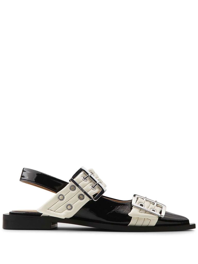 Ganni Black And White Slingback Ballerina Flats With Buckles In White
