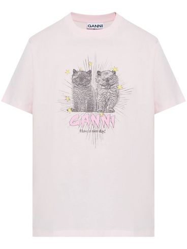 GANNI - T-Shirt rosa con stampa grafica di gatti