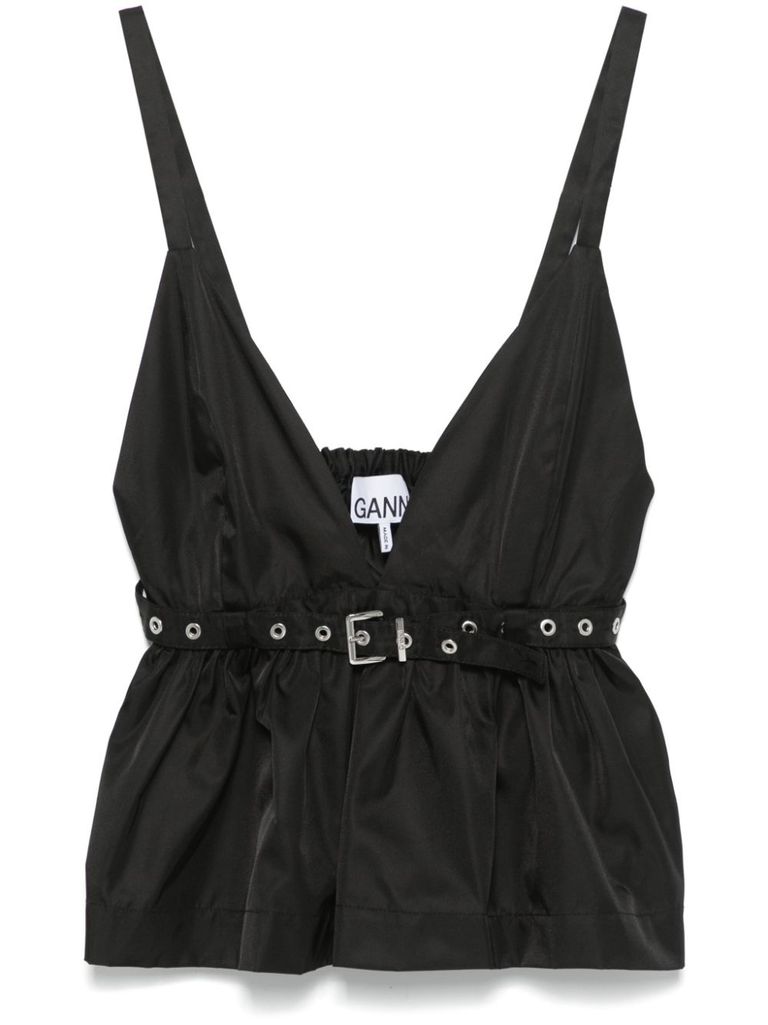 Ganni Black V-neck Top With A Waistband Under The Bust In Black