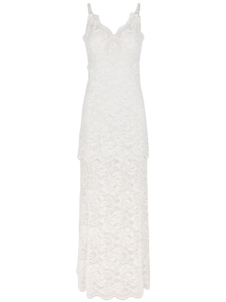 Rabanne Ivory White Long Dress With Lace-effect In Beige