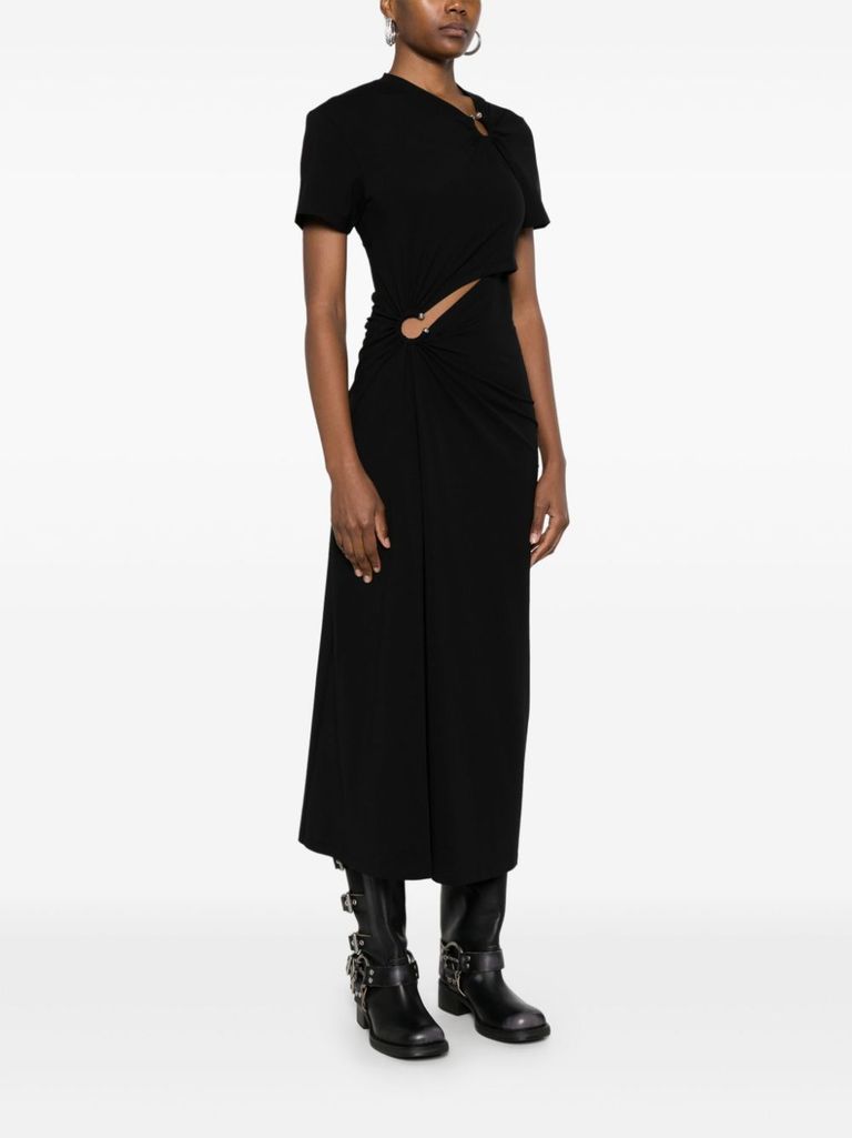 Black long dress with draped detail on the hips