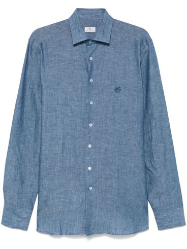 ETRO - Light blue linen shirt with embroidered logo