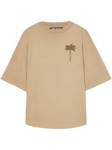 PALM ANGELS - T-shirt in cotone beige con stampa palma e logo